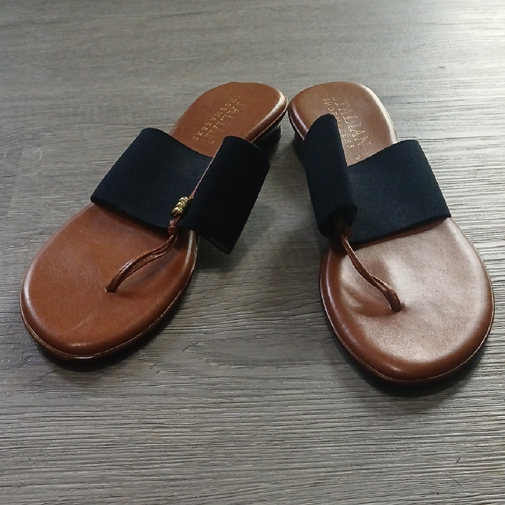 Italian Shoemakers Brown Leather Slide Thong Sandals with Black Strap Sz 10 EUC